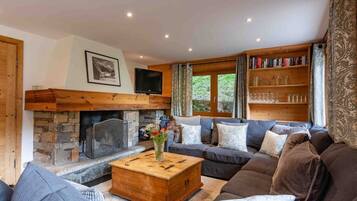 TV, fireplace, books, stereo