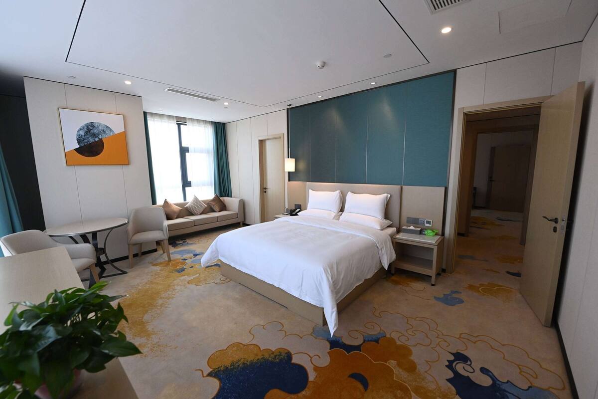Habitación de hotel con una cama grande, un escritorio, una silla, un sofá y una planta en maceta.