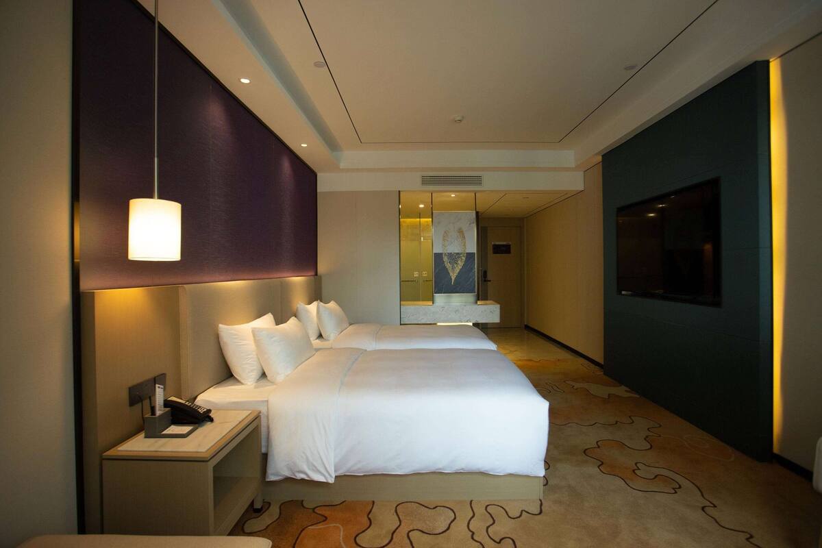Habitación de hotel con dos camas, una mesita de noche con teléfono, televisión montada en la pared y alfombra estampada.