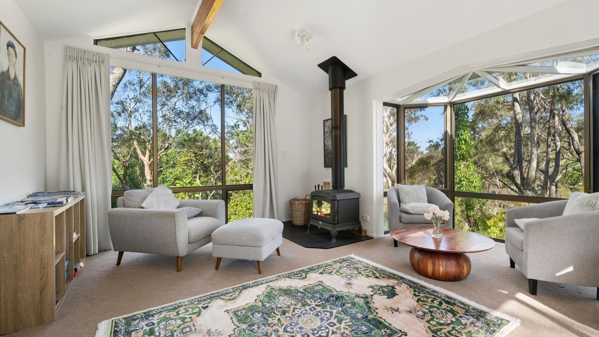 Smart TV, fireplace, DVD player, books