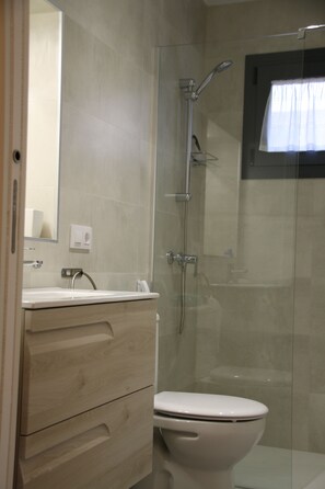 Shower, towels, soap, toilet paper