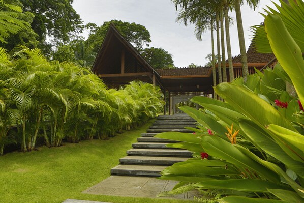 A pathway leading to a traditional wooden building surrounded by lush tropical vegetation. - La Coralina Island House (Bocas del Toro)