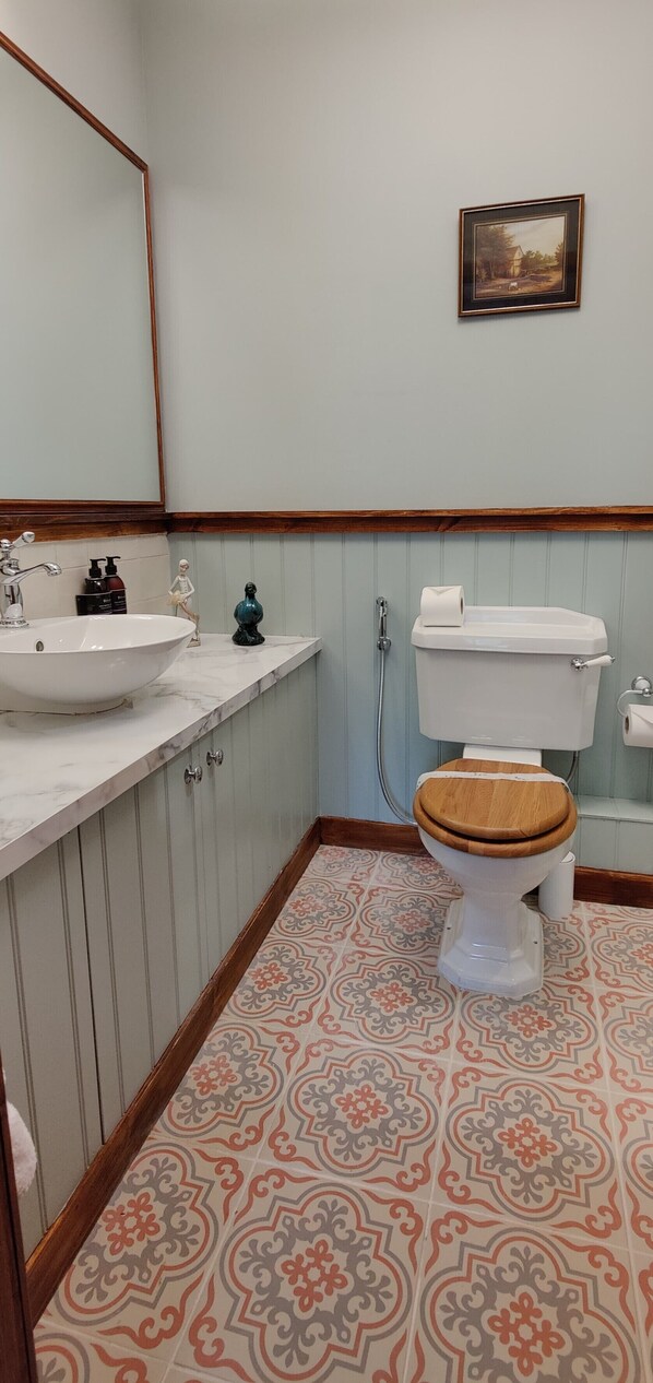 Un baño con lavamanos blanco, inodoro de madera, suelo estampado y un cuadro enmarcado en la pared.