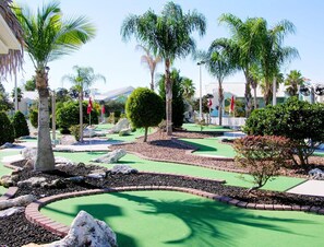 A miniature golf course with green turf, palm trees, and rock landscaping.