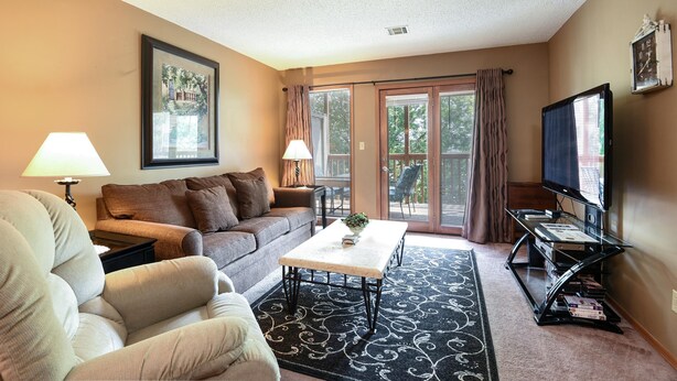 A living room with a sofa, a coffee table, a TV, and a bookshelf. - Welcome Inn- Pools - Great Balcony - Trails to Fishing -SO Close to Sdc!! (Branson West)