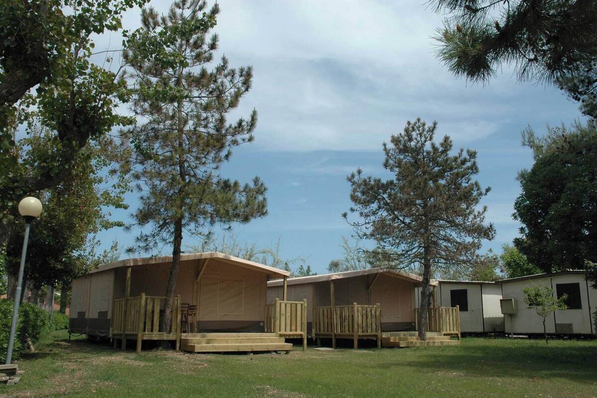 En række huse med mobilt hjem design, med træterrasser og trapper, omgivet af træer og en klar himmel.