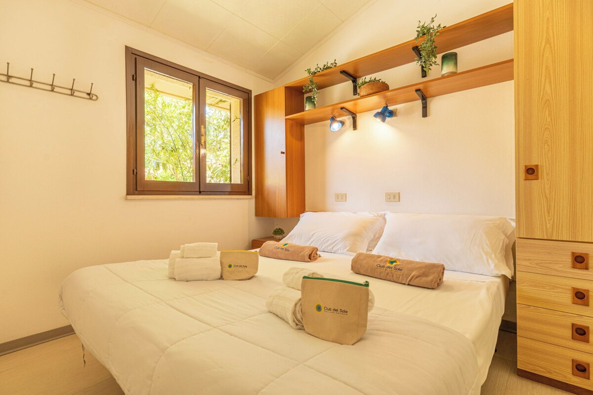 A hotel room with a bed, towels, a window, and a wooden shelf with plants.