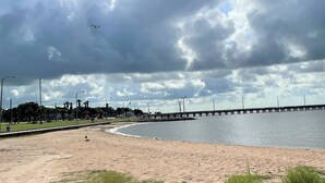 Una playa con un muelle que se adentra en el agua, rodeada de césped y farolas.