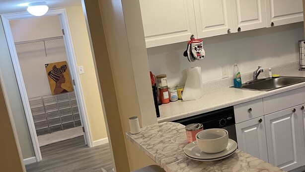 A modern kitchen with white cabinets, a marble countertop, and a built-in dishwasher. - GORGEOUS 1/1 CONDO (Lauderdale Lakes)