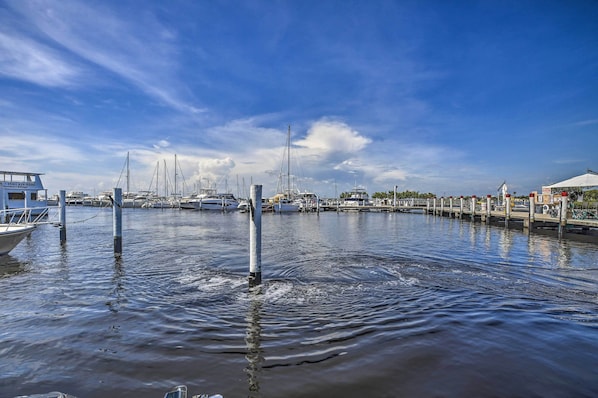 Boats docked at the marina, offering serene waterfront views.