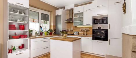 Fridge, oven, stovetop, cookware/dishes/utensils