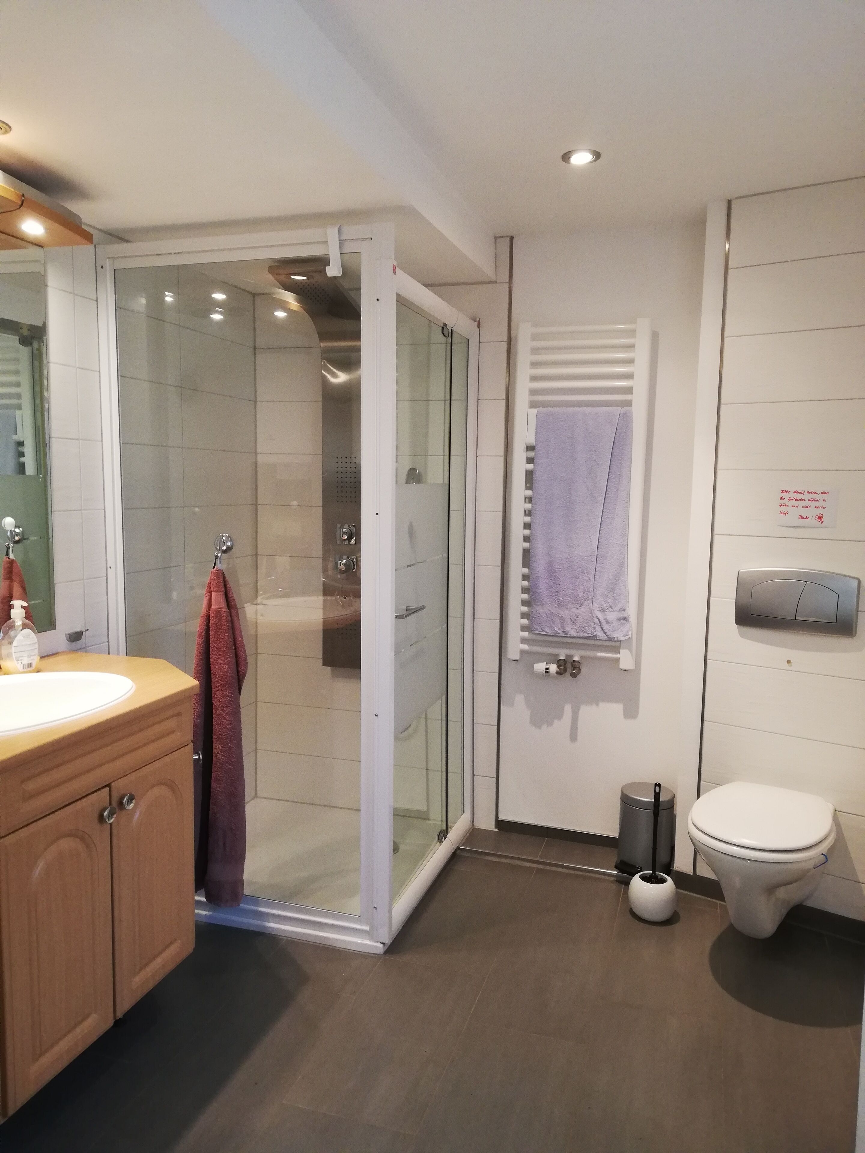 Een douche, een haardroger, handdoeken, zeep