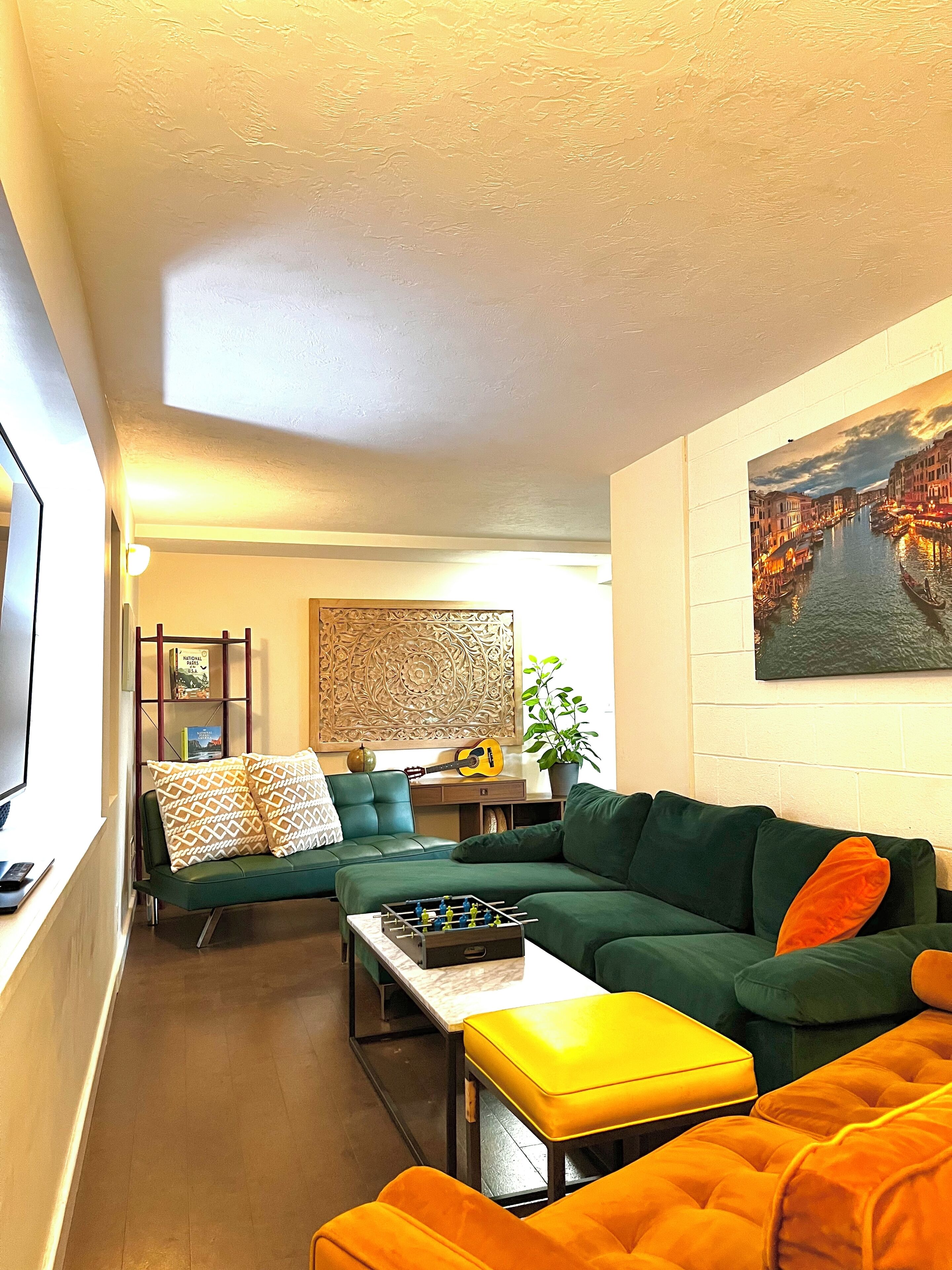 Smart TV, fireplace, table tennis, books