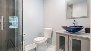 Shower, towels, soap, toilet paper