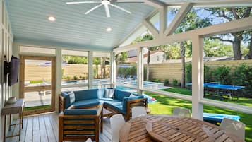 A covered outdoor seating area with a pool, wooden furniture, and large windows.