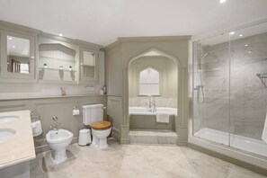 Bathtub, hair dryer, towels