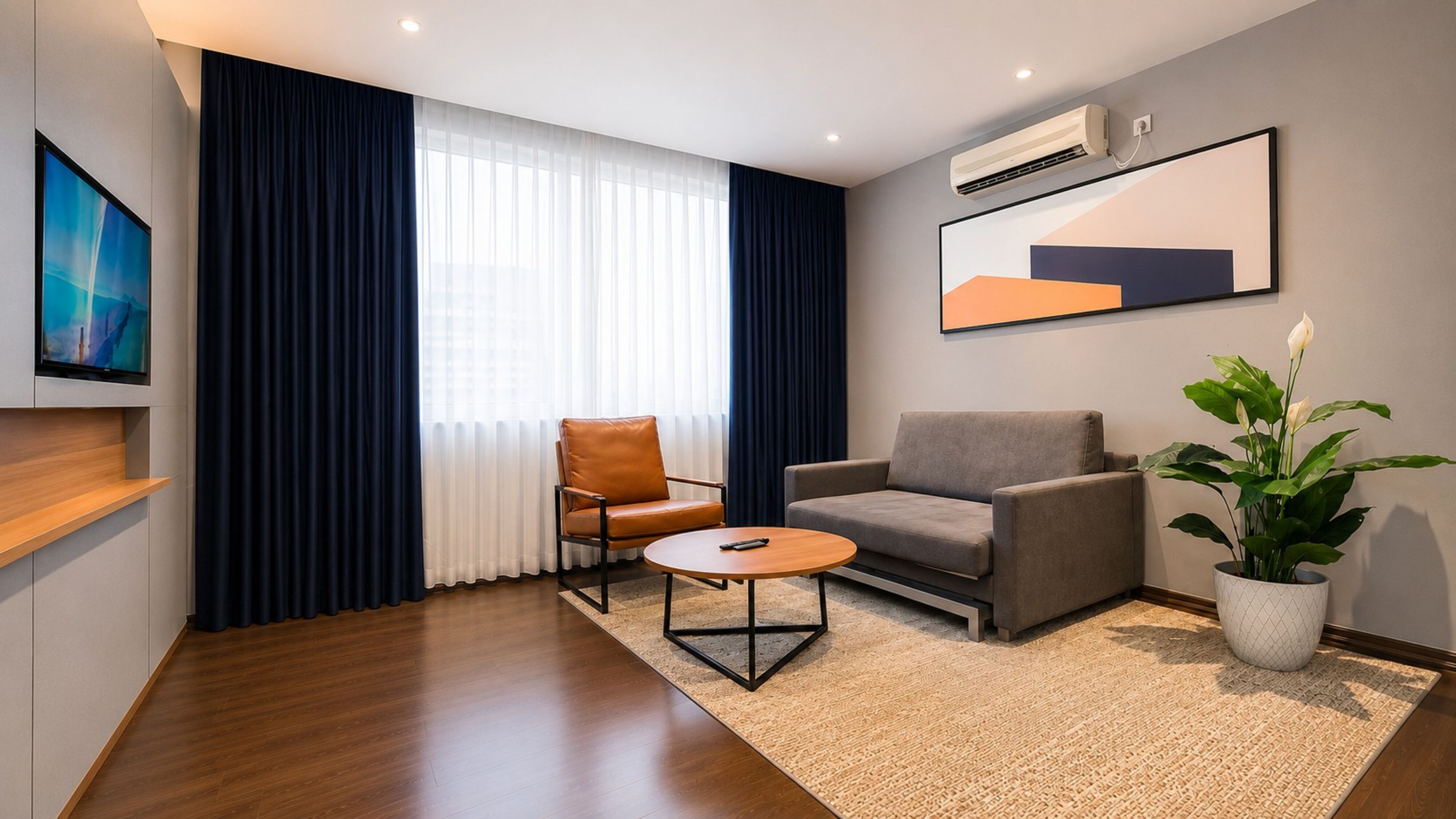 Ett modernt hotellrum med en soffa, en fåtölj och ett litet bord. Det finns en TV som är monterad på väggen, en krukväxt och en luftkonditioneringsanläggning.