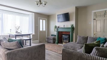 TV, fireplace, books, offices