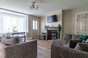 Fernseher, Kamin, Bücher, Arbeitsbereiche