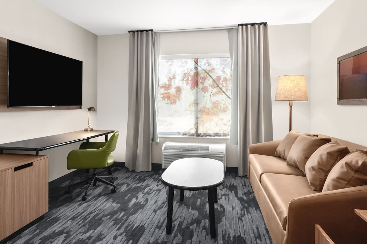 Une chambre d’hôtel équipée d’un téléviseur à écran plat, d’un bureau, d’une chaise verte, d’un canapé marron, d’une petite table et d’une fenêtre avec des rideaux.