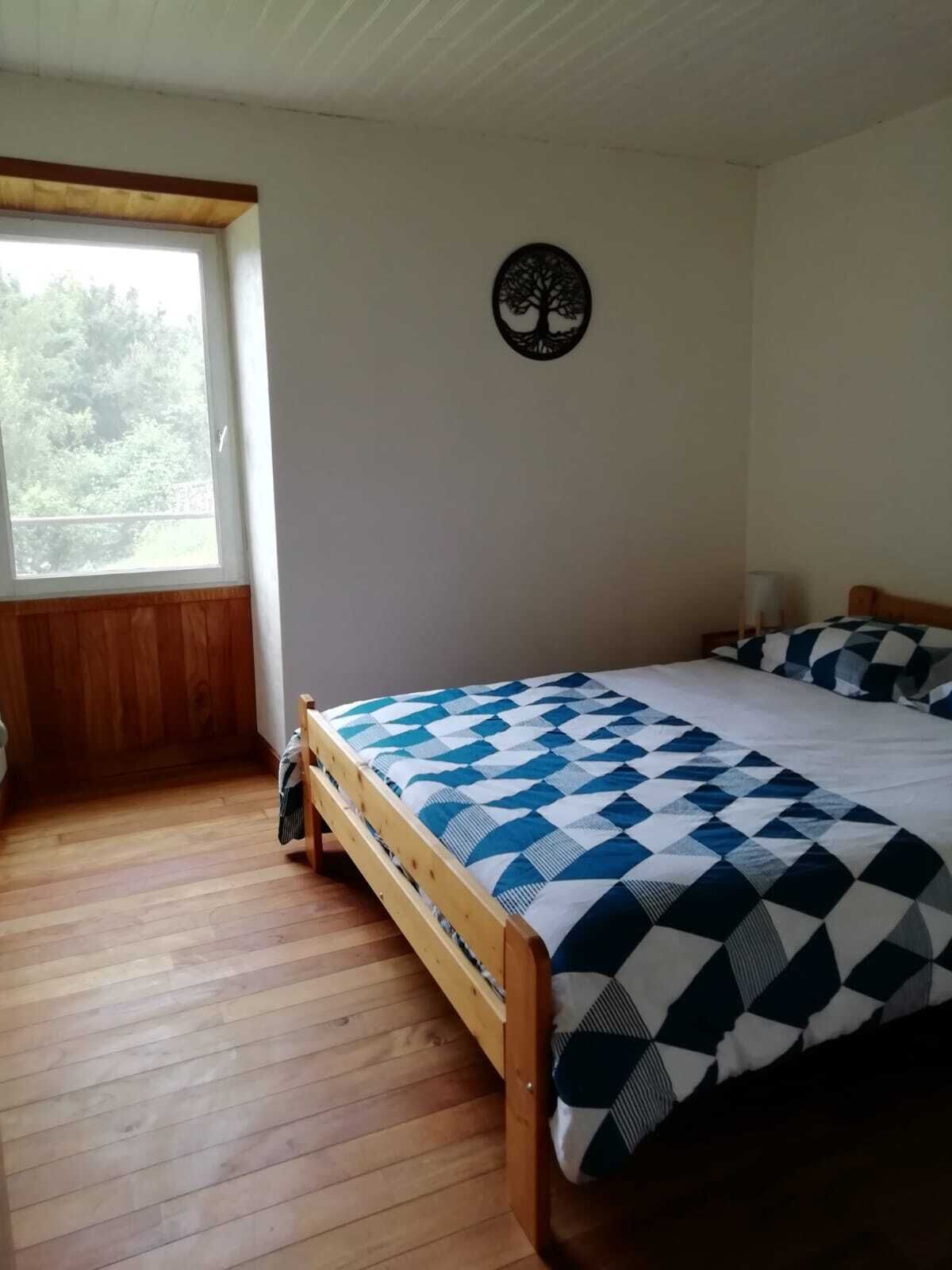 Une chambre à coucher avec un cadre de lit en bois, une couvre-lit à carreaux, une fenêtre donnant sur des arbres et une décoration murale représentant un arbre.