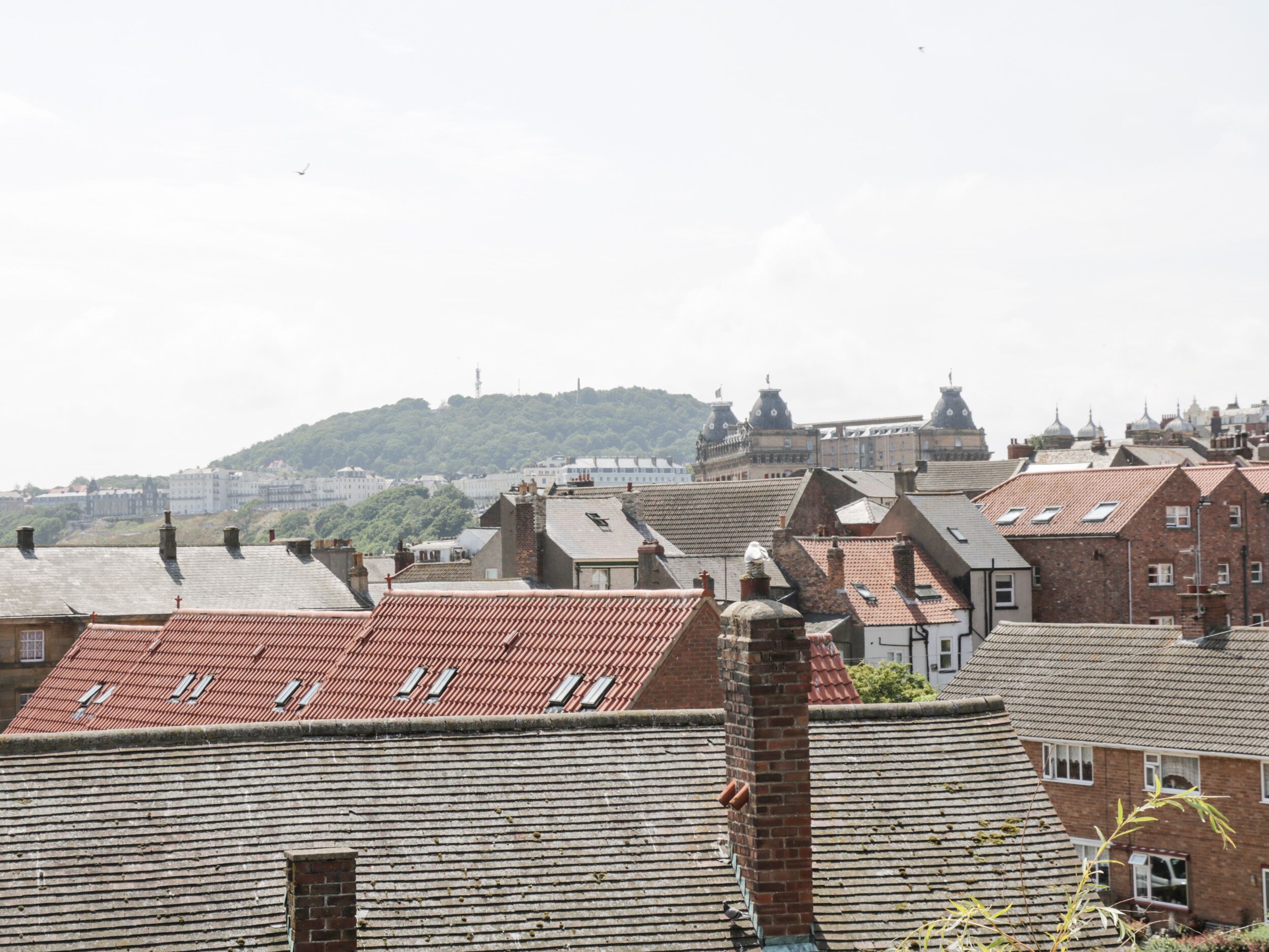 A view of a town with red-tiled roofs and a hill in the background.