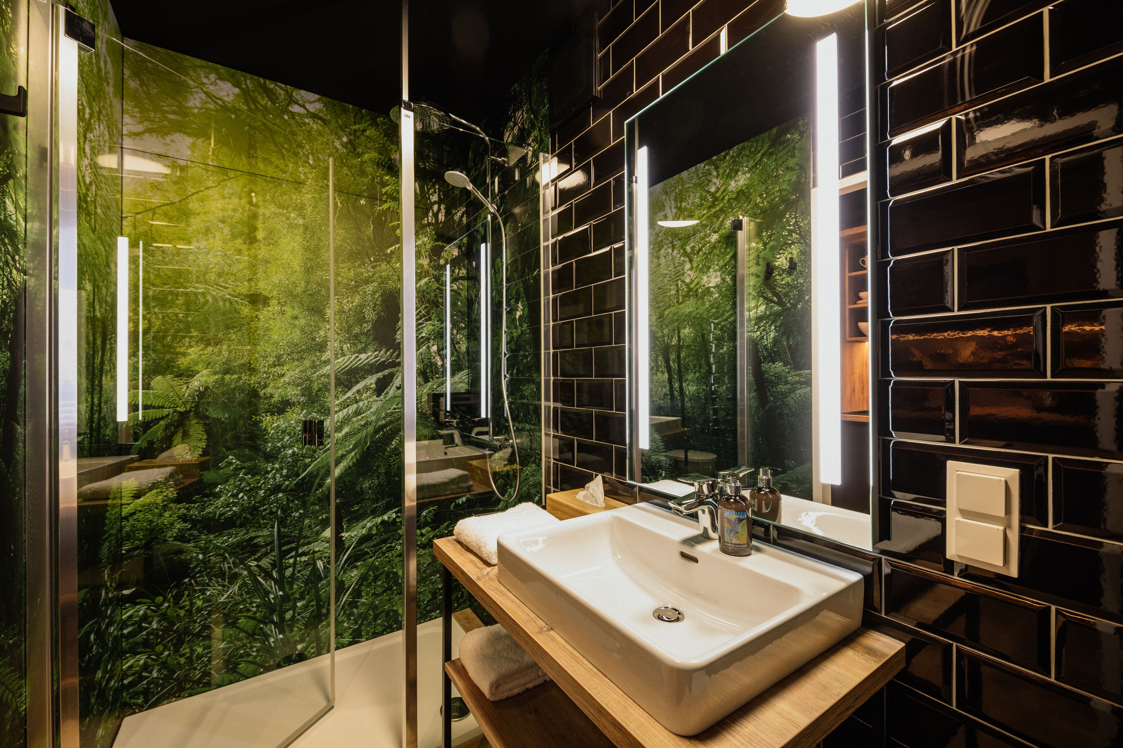 shower, rainfall showerhead, hair dryer, towels