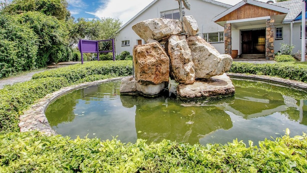 Un estanque con una escultura de un ave, rodeado de vegetación y un edificio al fondo.