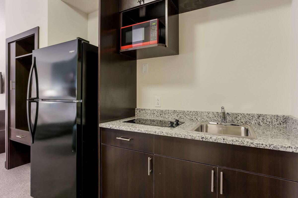 A kitchen with a black refrigerator, a granite countertop, a stainless steel sink, and dark wooden cabinets.