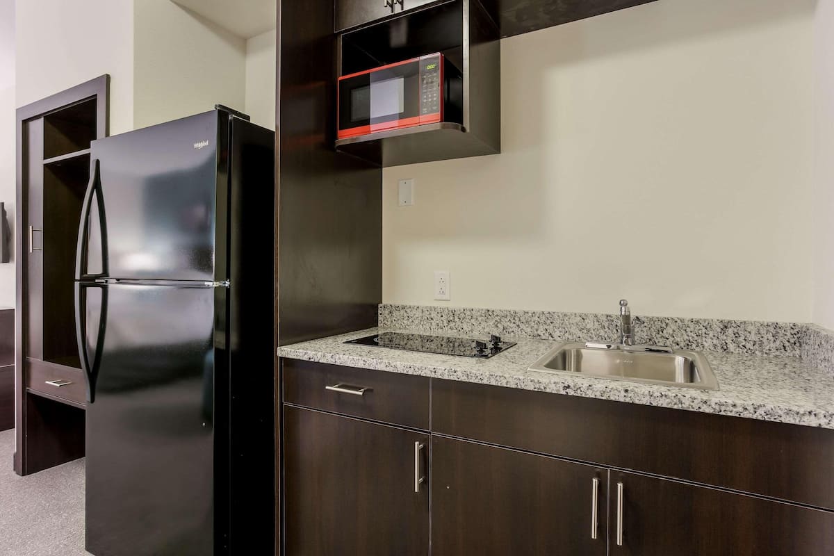 A kitchen with a black refrigerator, a granite countertop, a stainless steel sink, and dark wooden cabinets.