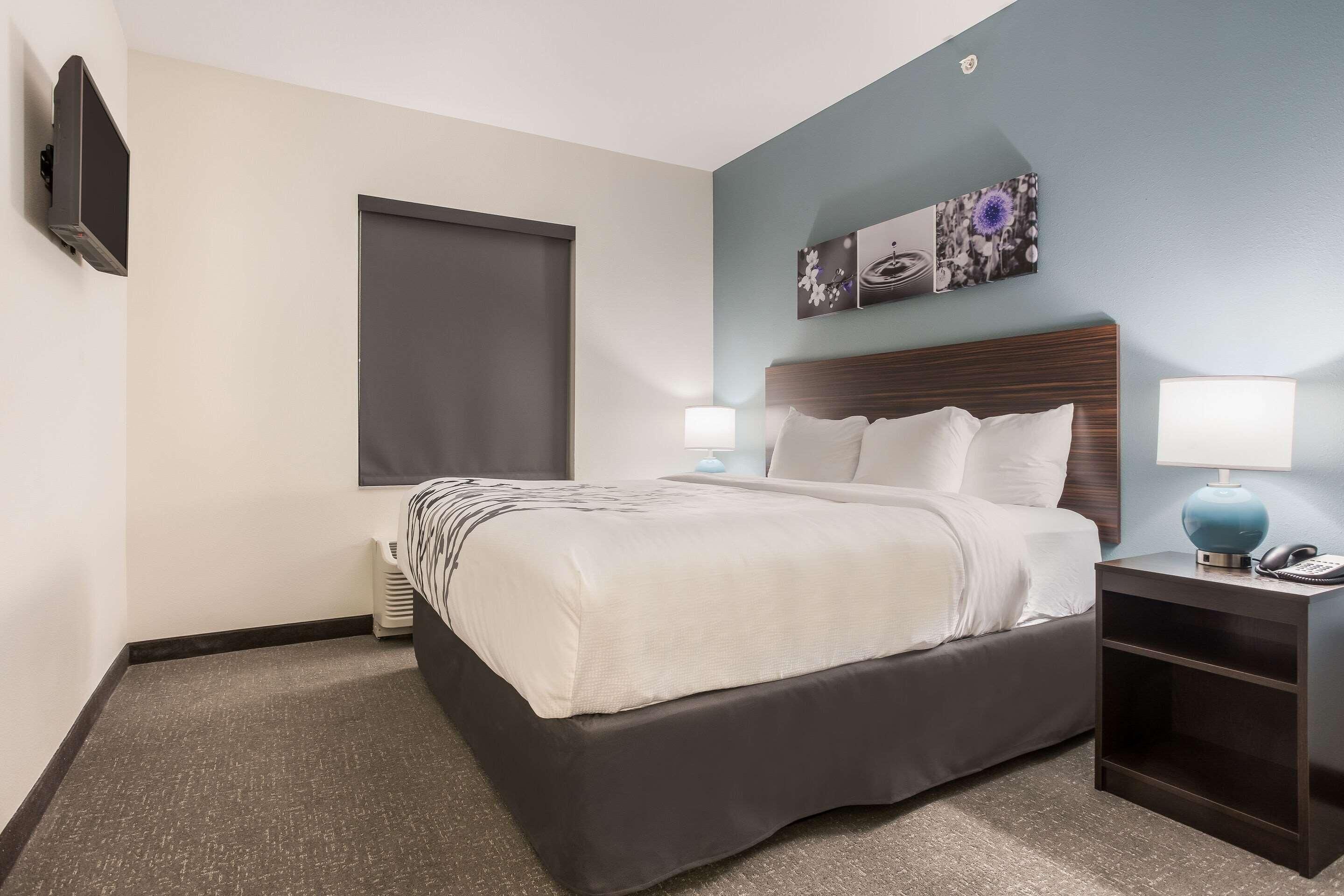 A hotel room with a bed, bedside lamps, a flat-screen TV, a window, and artwork on the wall.