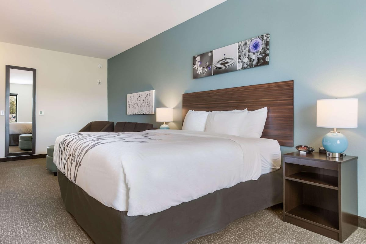 A hotel room with a large bed, two bedside tables, a mirror, and artwork on the wall.