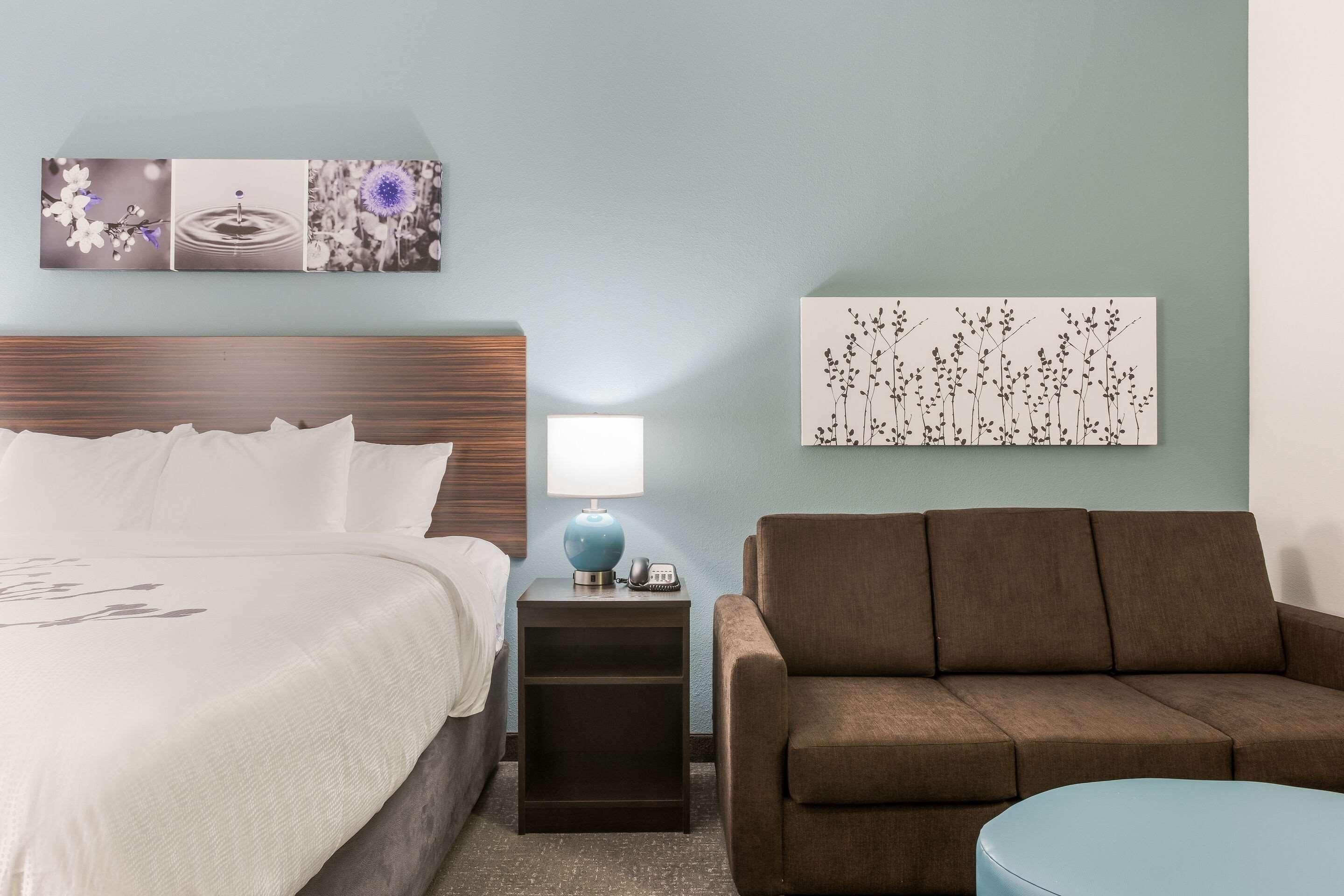 A hotel room with a bed, a nightstand with a lamp, a brown sofa, and a wall with two artworks.