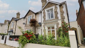 A row of terraced houses with stone facades, satellite dishes, and a garden with red flowers. - Dreytop (Ryde)