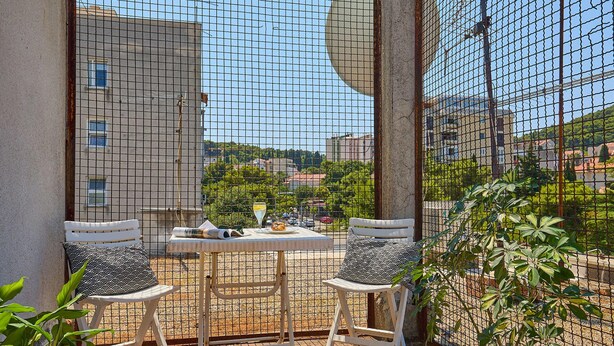 Un balcone con due sedie bianche e un tavolo, una pianta in vaso e vista su edifici e vegetazione.