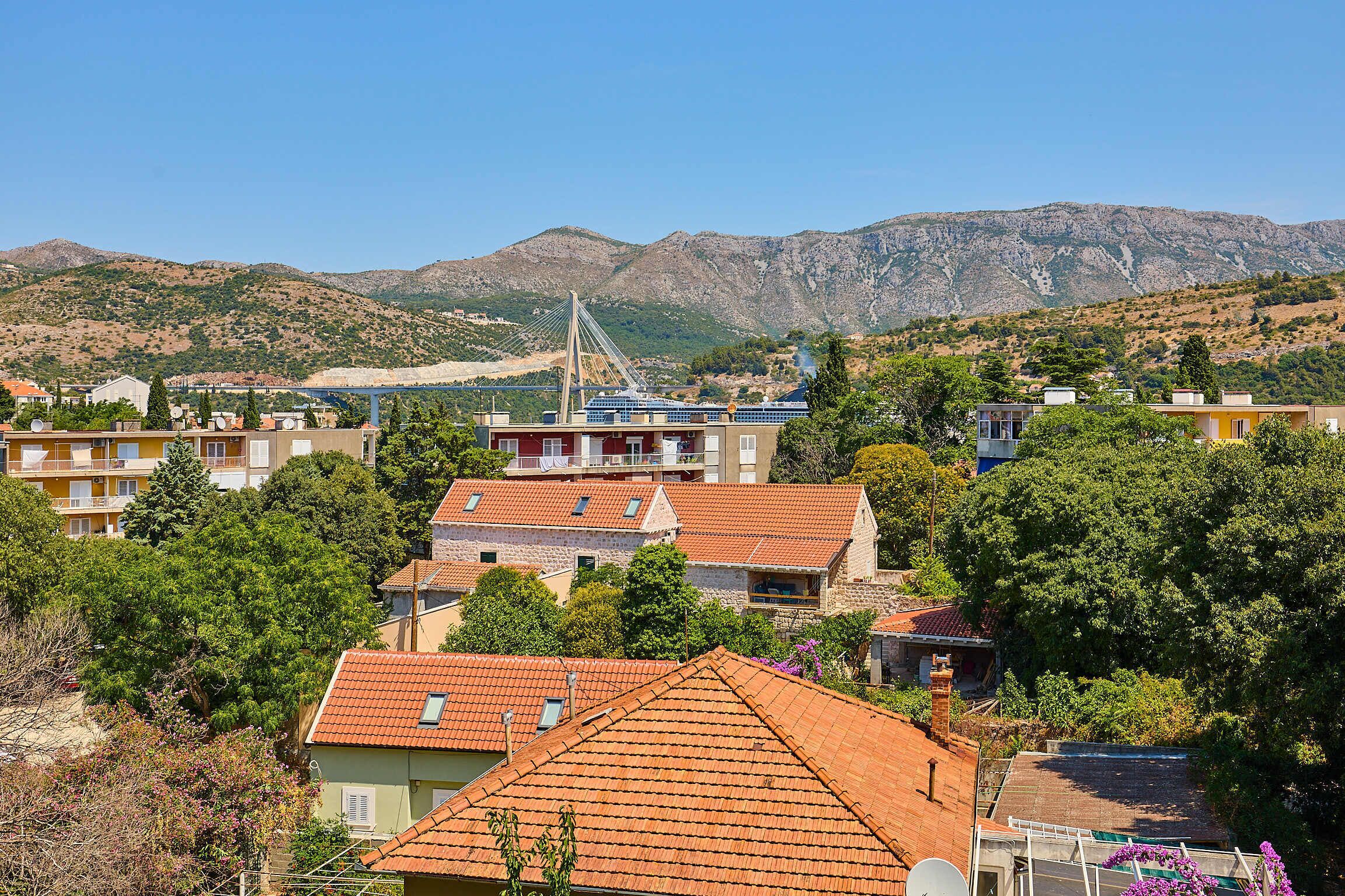 A residential area with houses, a bridge, and mountains in the background.