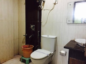 Bathroom features a toilet, sink, and shower area with a mirror above the sink.
