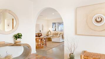 TV, fireplace, books