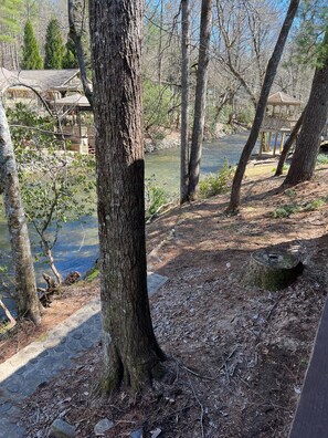 A rustic cabin with a stone pathway leading to a wooden deck overlooking a river. - Pine River Cabin, River Front, Catch Release Fishing. Ranch Home, Dogs Ok (Hiawassee)