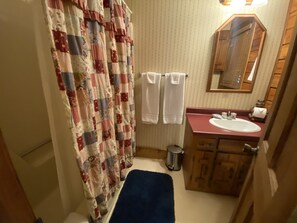 Combined shower/tub, hair dryer, towels, soap