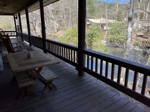 Outdoor dining - Pine River Cabin, River Front, Catch Release Fishing. Ranch Home, Dogs Ok (Hiawassee)