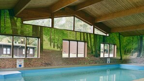 An indoor swimming pool with a wooden ceiling and walls decorated with a forest mural. - Blelham Tarn (Rustic yet modern cabin in tranquil woodland with own EV charger) (Ambleside)