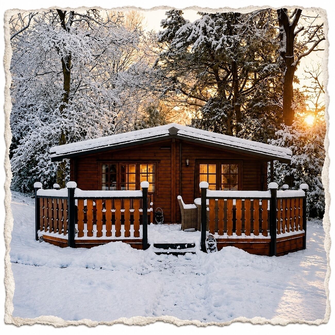 Una cabaña de madera con un porche y una cerca, rodeada de árboles cubiertos de nieve.