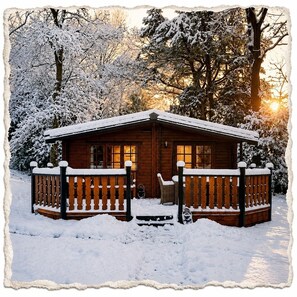 A wooden cabin with a porch and a fence, surrounded by snow-covered trees. - Blelham Tarn (Rustic yet modern cabin in tranquil woodland with own EV charger) (Ambleside)