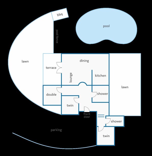 Een plattegrond met een zwembad, eetruimte, keuken en meerdere slaapkamers.