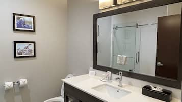 A modern bathroom with a large mirror, a sink, and a toilet. There are two framed pictures on the wall, a towel rack, and a trash bin.