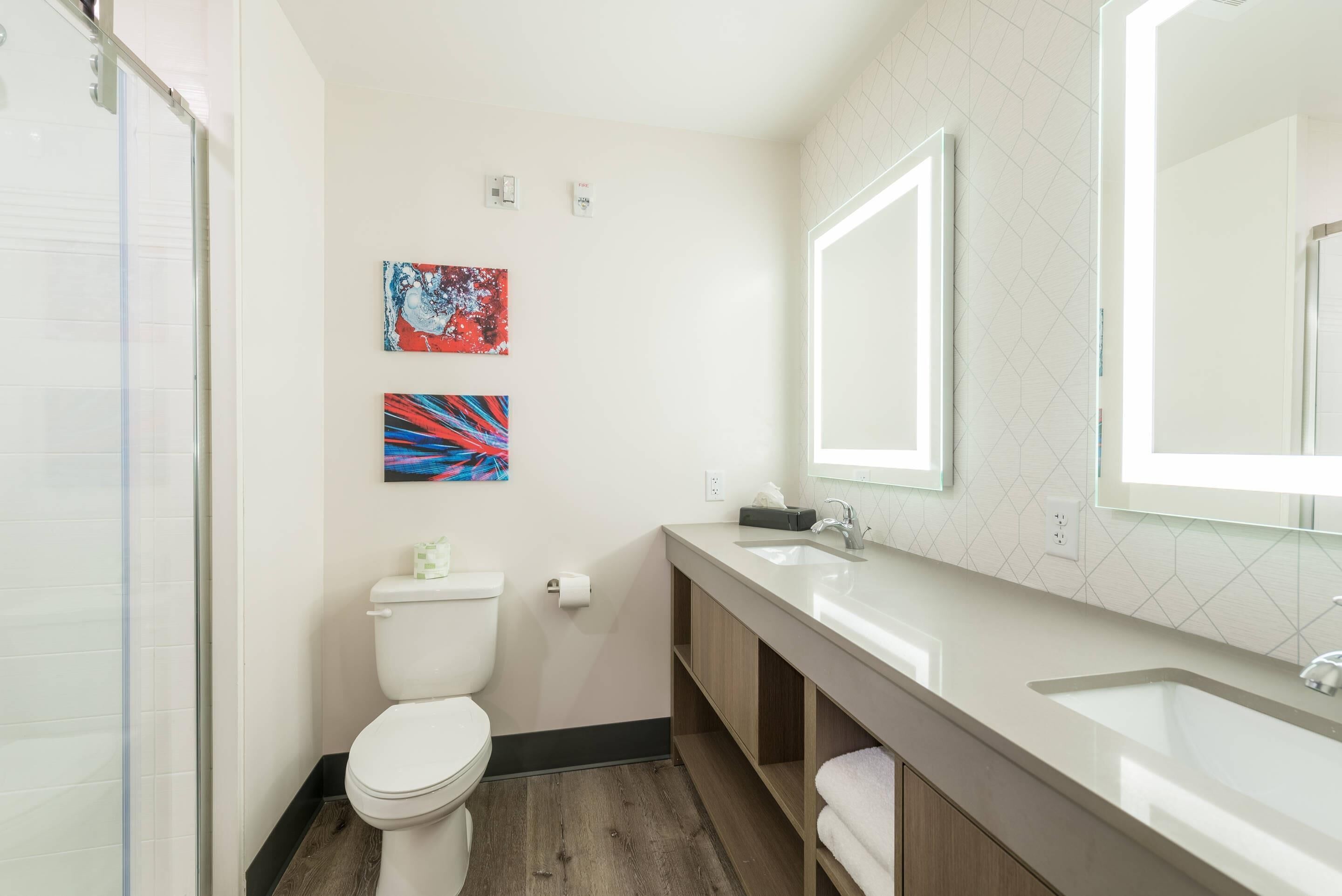 Un baño moderno con inodoro, lavamanos y ducha. Hay dos cuadros abstractos en la pared.