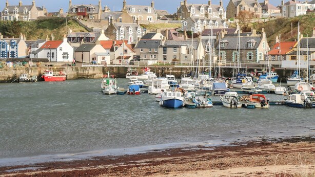 A harbor with boats docked and houses in the background. - Harbour View (Buckie)