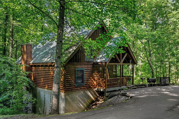 A rustic log cabin with a porch and a chimney, surrounded by dense forest. - 2 bed/2 bath/ loft with game room/pool tables, hot tub... (Sevierville)