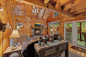 Fireplace, DVD player, table football